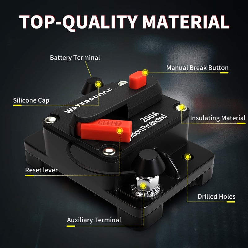 TEMCHY 200Amp Circuit Breaker Waterproof Marine Motor Accessory for Boat Trolling ATV Trailer Vehicles Stereo Audio Electronic Battery Solar System Inline Fuse with Manual Reset Switch DC 12V-48V - Image 4